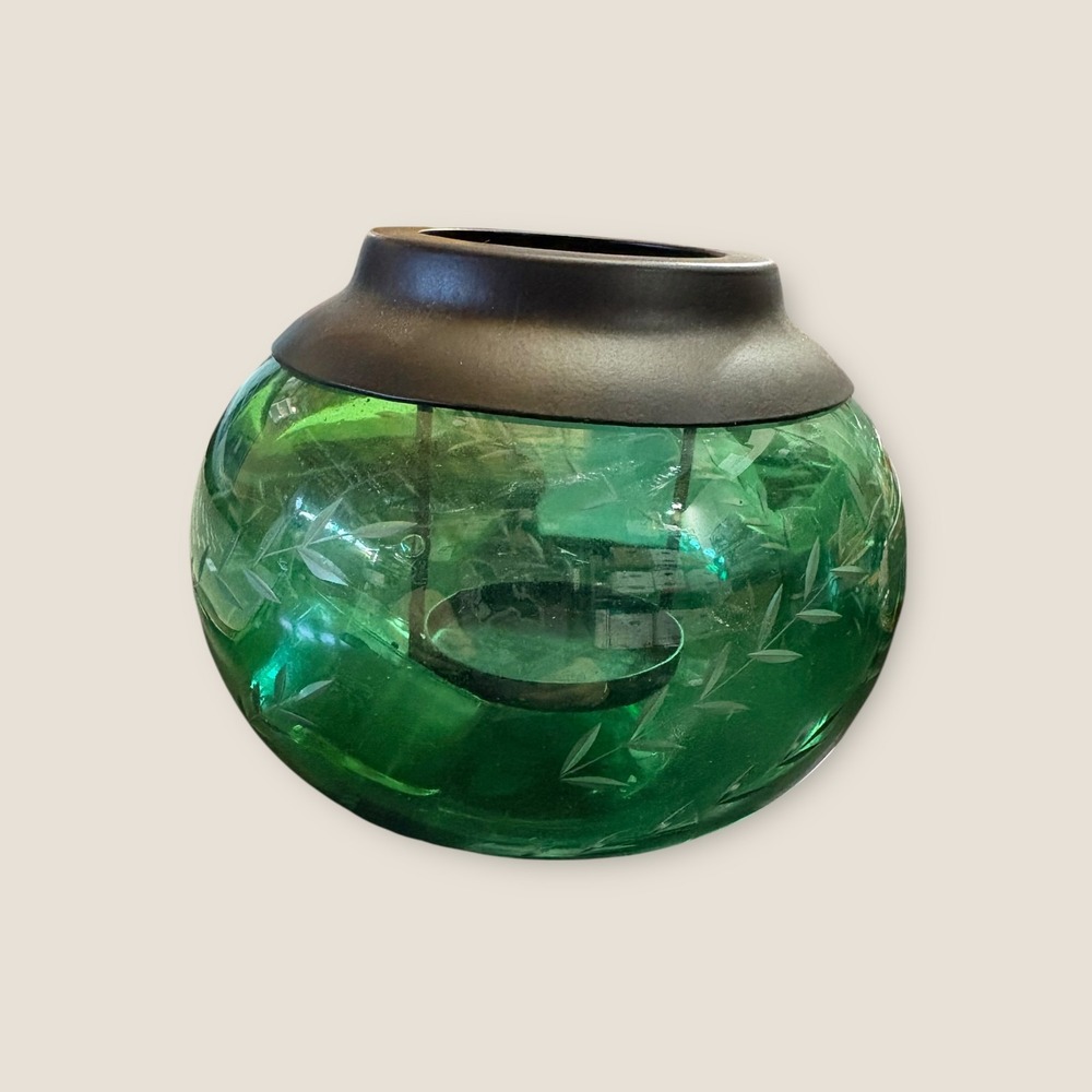 Vintage Green Etched Glass Decorative Bowl w/ Metal Collar Candle Holder Vase